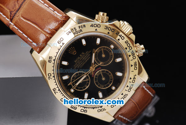 Rolex Daytona Chronograph Automatic Gold Case with Black Dial and Leather Strap - Click Image to Close